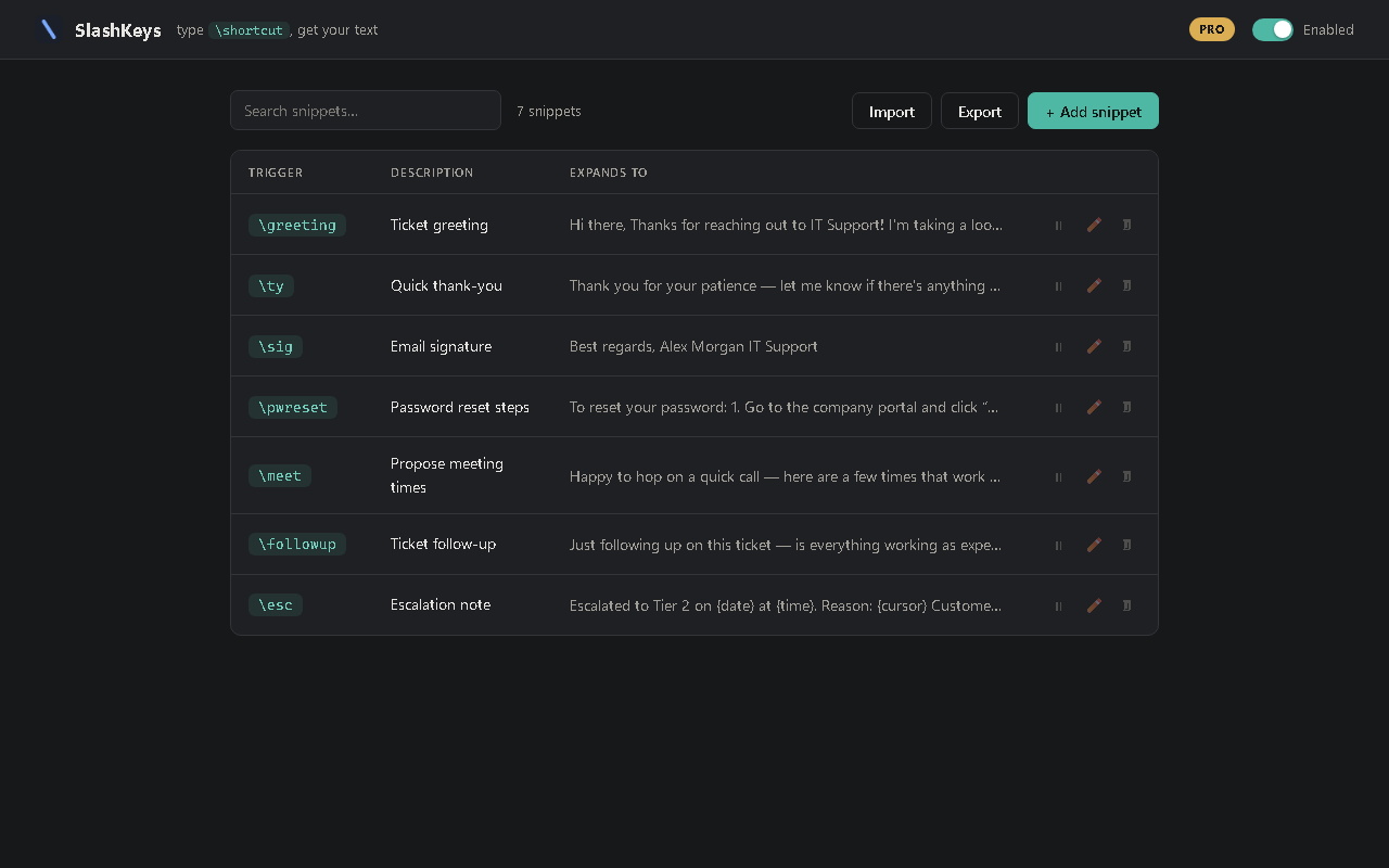 SlashKeys snippet manager — dark theme